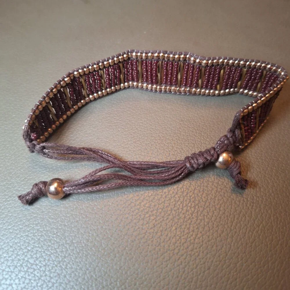 Handcrafted Brown Beaded Bracelet With Gold & Bronze Accents Adjustable Strap Ha